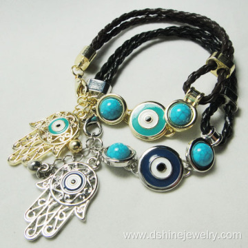 Handmade Blue Evil Eye Leather Bracelet With Hamsa Pendant